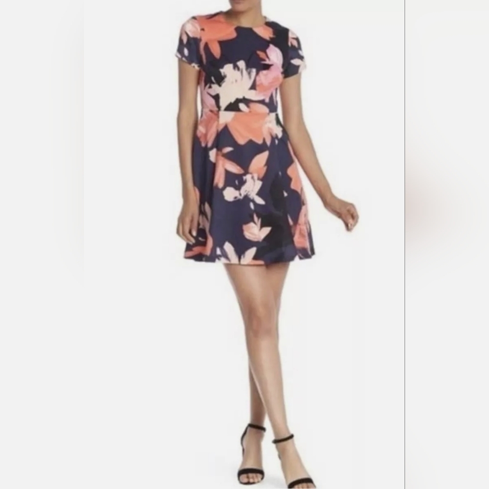 Vincent Camuto Navy Coral Pink Floral Dress size 12 Flare & A Line Fit Mini